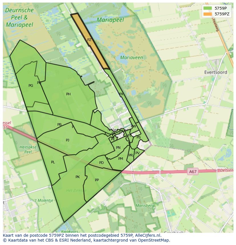 Afbeelding van het postcodegebied 5759 PZ op de kaart.