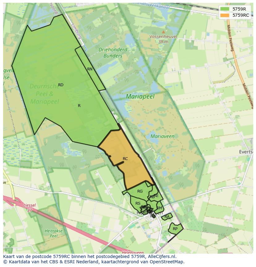 Afbeelding van het postcodegebied 5759 RC op de kaart.