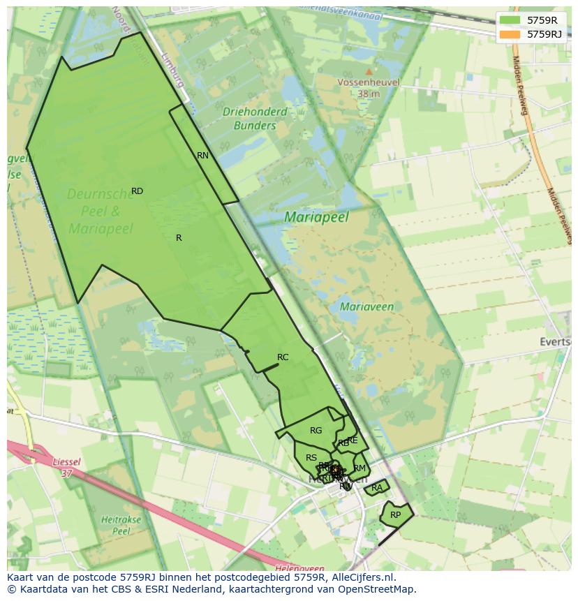 Afbeelding van het postcodegebied 5759 RJ op de kaart.