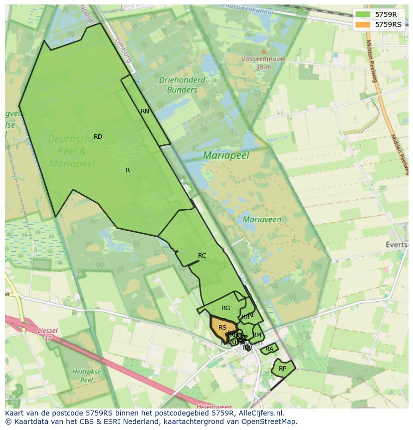 Afbeelding van het postcodegebied 5759 RS op de kaart.