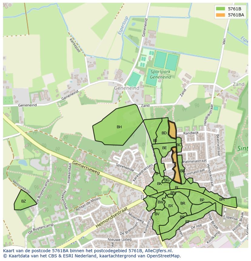 Afbeelding van het postcodegebied 5761 BA op de kaart.