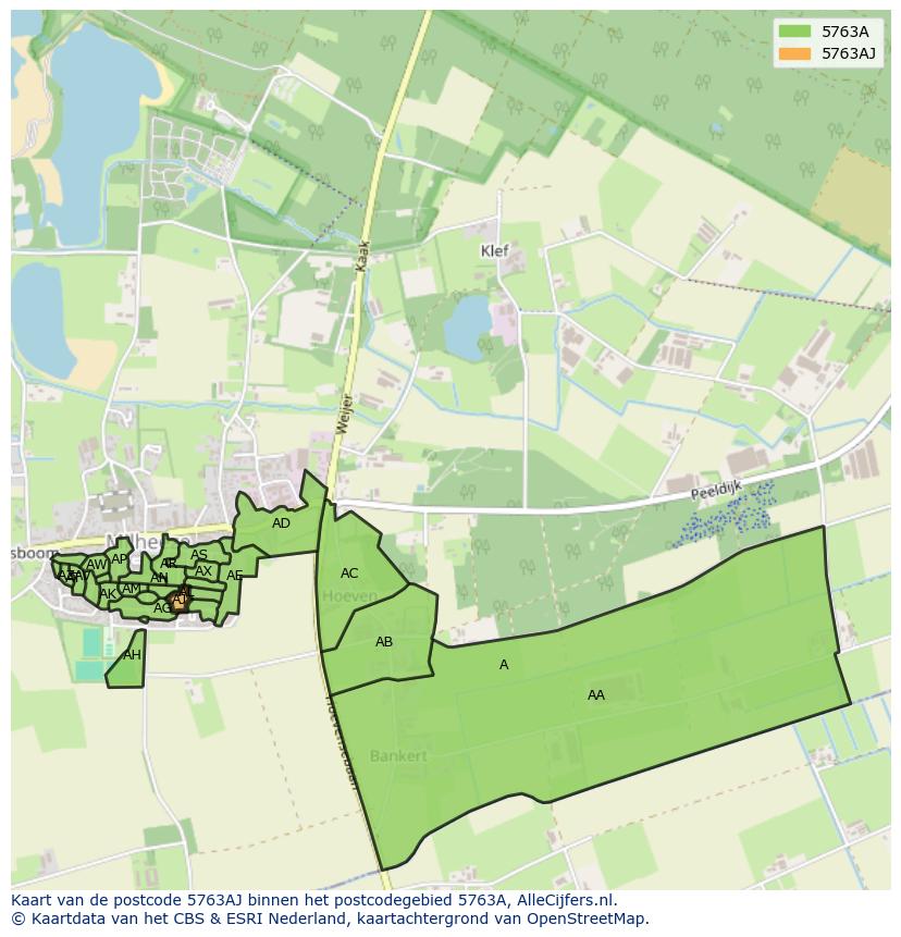 Afbeelding van het postcodegebied 5763 AJ op de kaart.