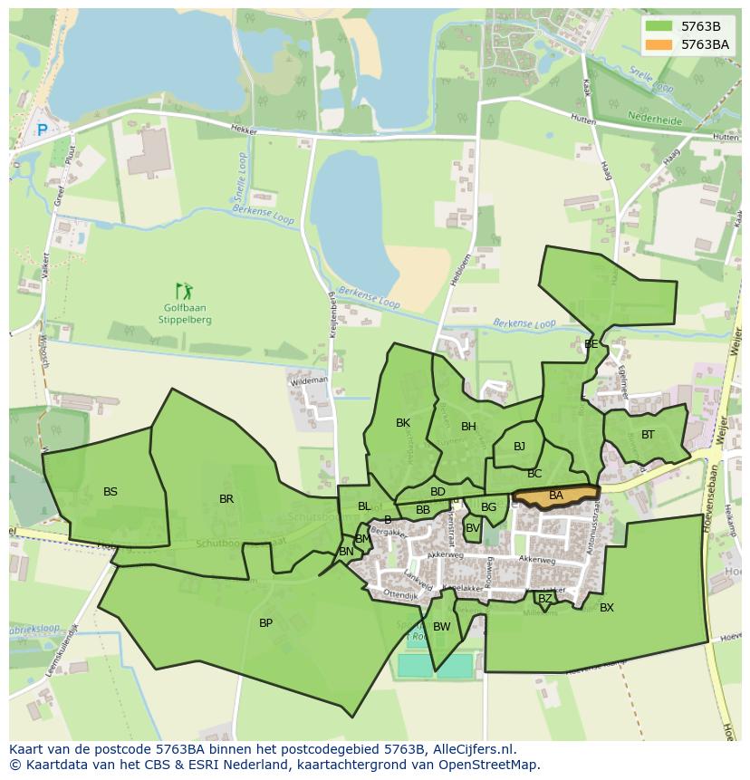 Afbeelding van het postcodegebied 5763 BA op de kaart.