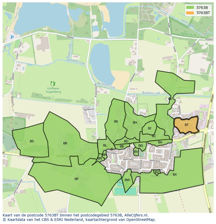 Afbeelding van het postcodegebied 5763 BT op de kaart.