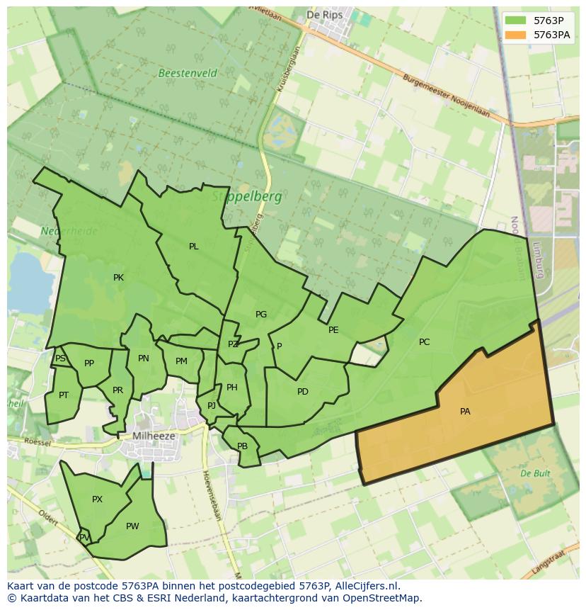 Afbeelding van het postcodegebied 5763 PA op de kaart.