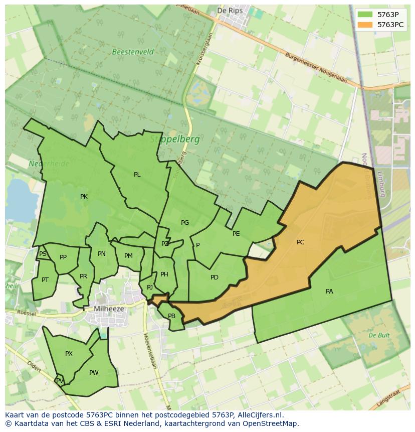 Afbeelding van het postcodegebied 5763 PC op de kaart.