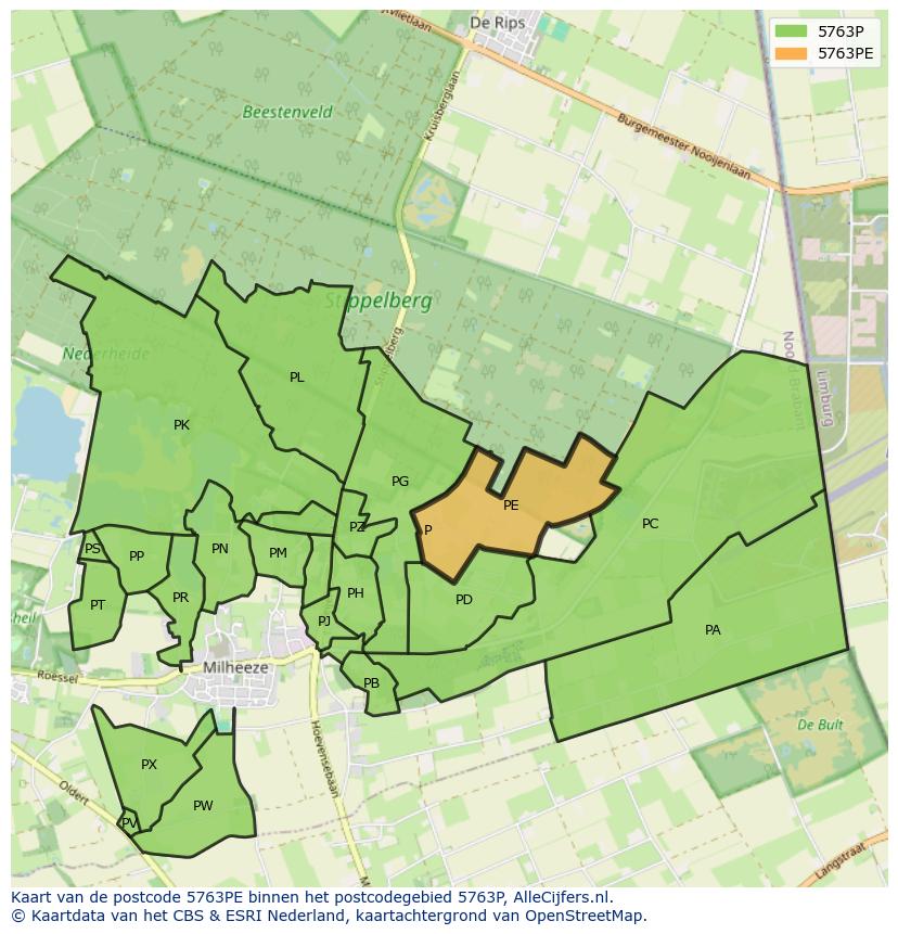 Afbeelding van het postcodegebied 5763 PE op de kaart.