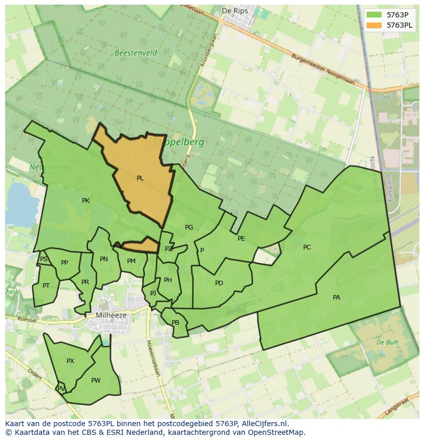 Afbeelding van het postcodegebied 5763 PL op de kaart.