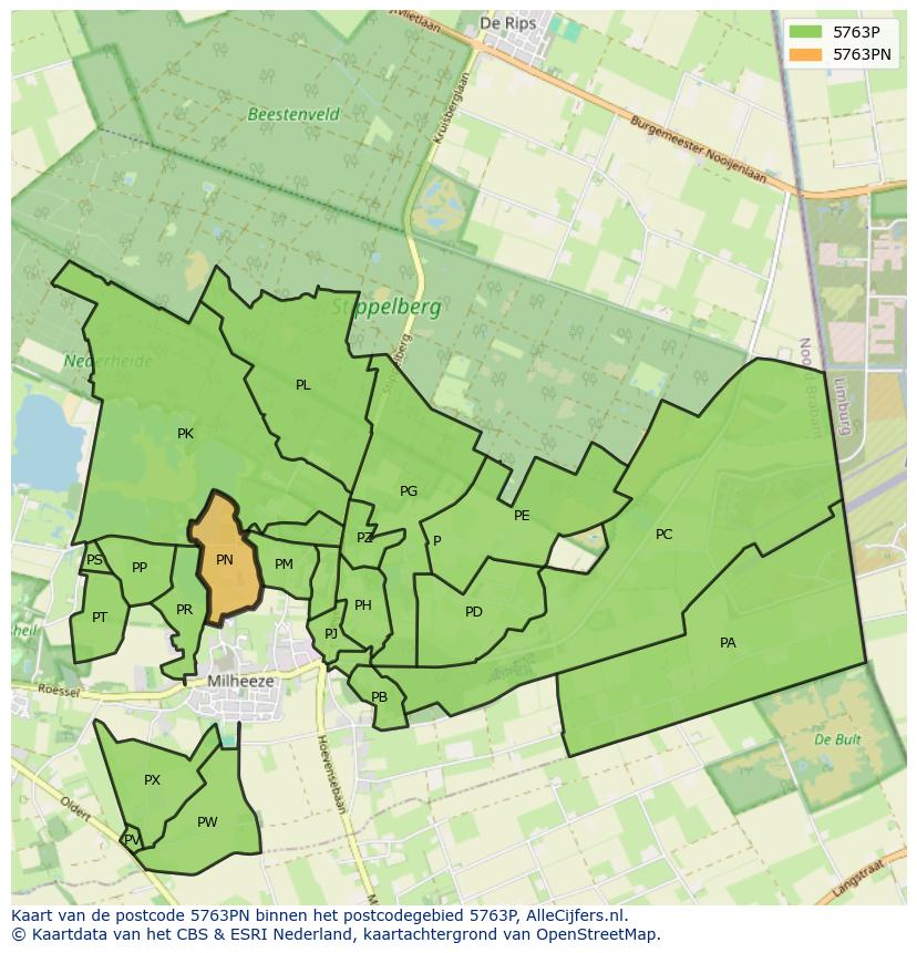 Afbeelding van het postcodegebied 5763 PN op de kaart.
