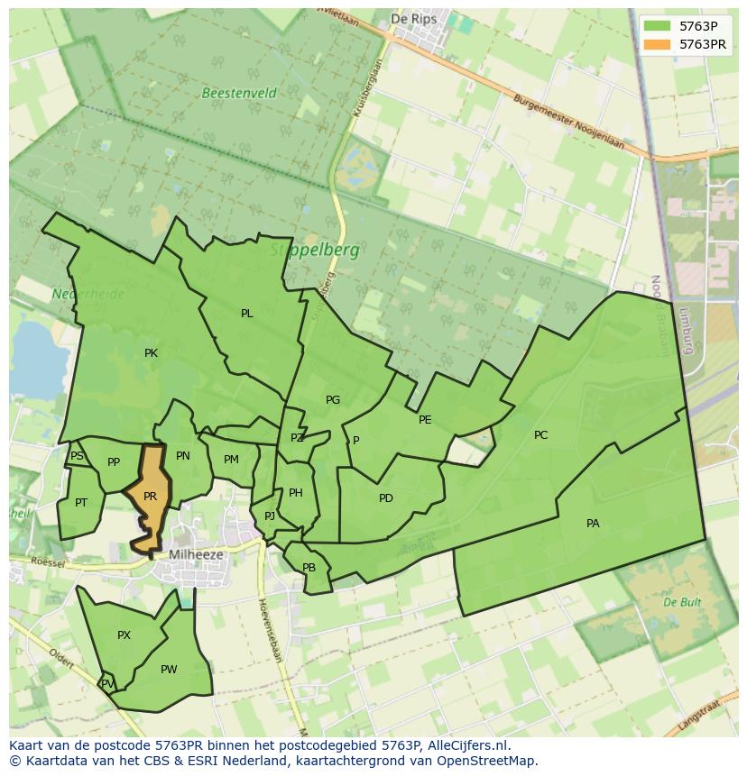 Afbeelding van het postcodegebied 5763 PR op de kaart.