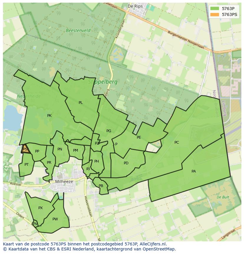 Afbeelding van het postcodegebied 5763 PS op de kaart.