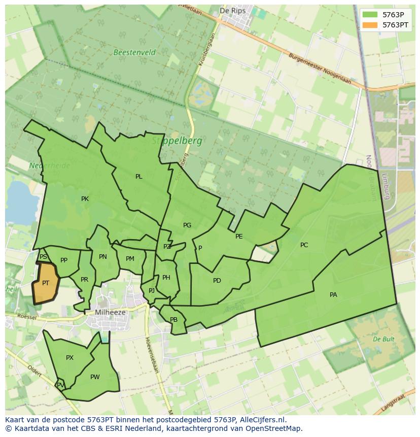 Afbeelding van het postcodegebied 5763 PT op de kaart.