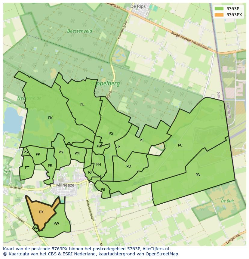 Afbeelding van het postcodegebied 5763 PX op de kaart.