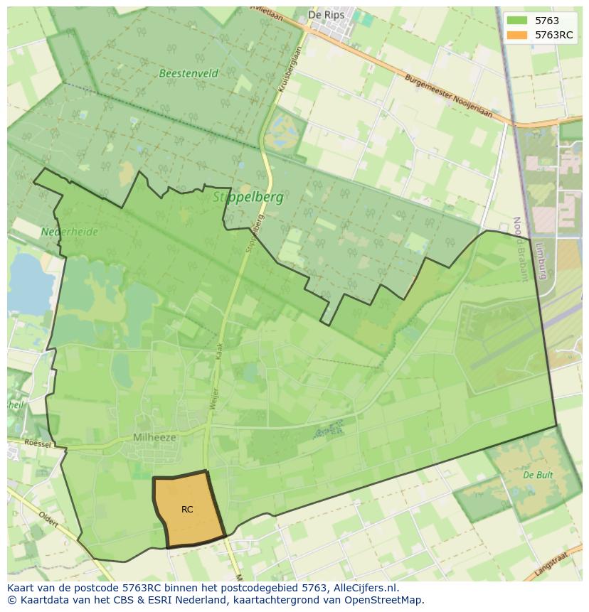 Afbeelding van het postcodegebied 5763 RC op de kaart.
