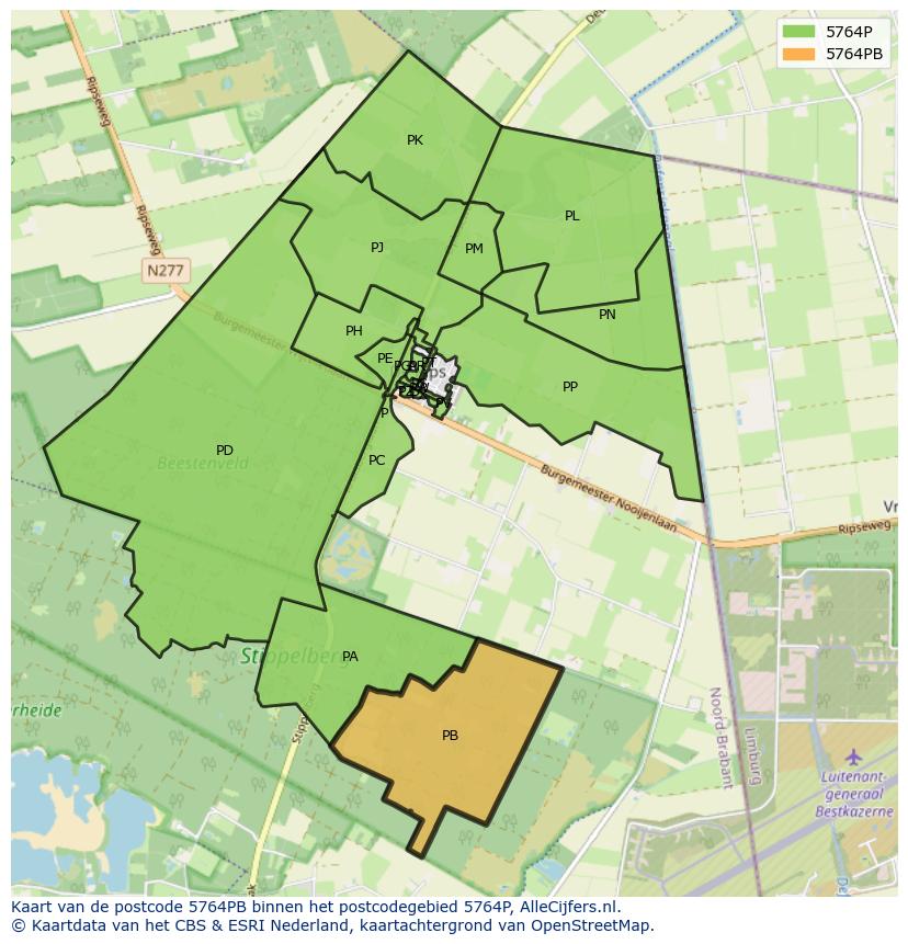 Afbeelding van het postcodegebied 5764 PB op de kaart.