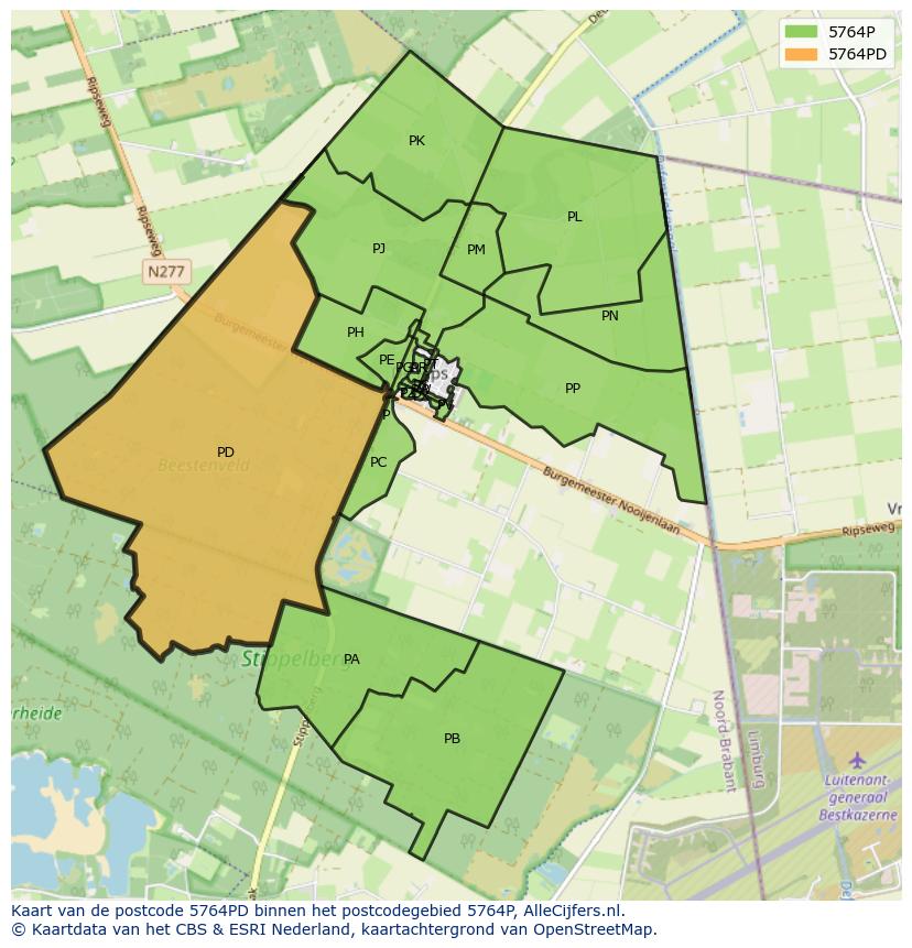 Afbeelding van het postcodegebied 5764 PD op de kaart.