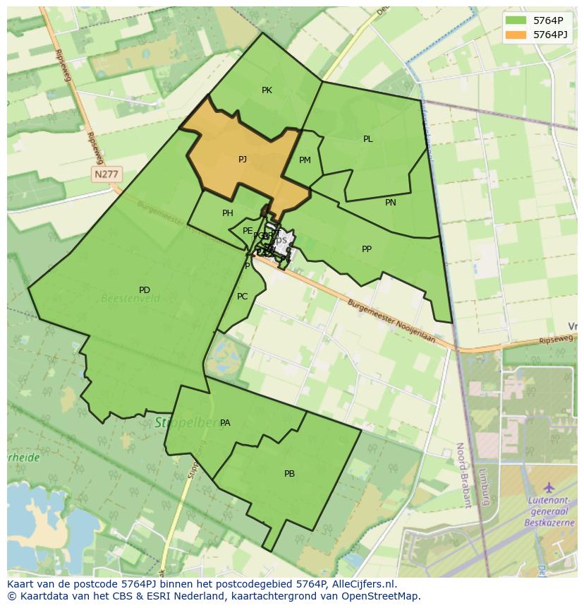 Afbeelding van het postcodegebied 5764 PJ op de kaart.