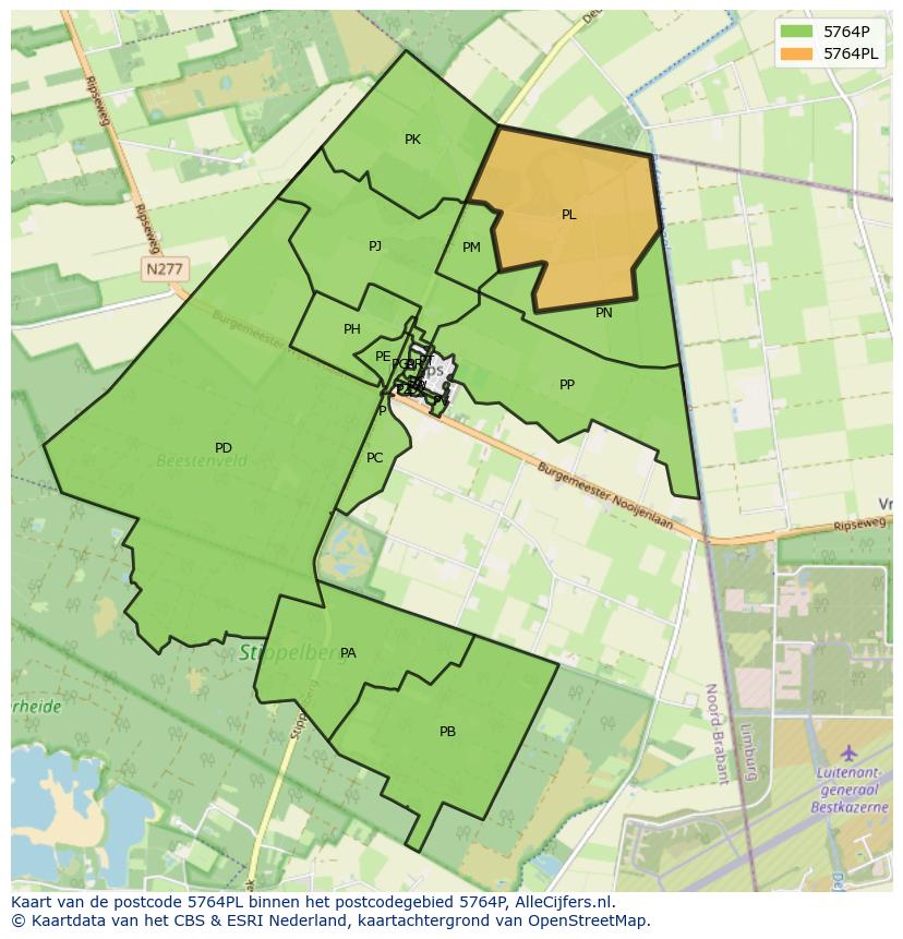 Afbeelding van het postcodegebied 5764 PL op de kaart.