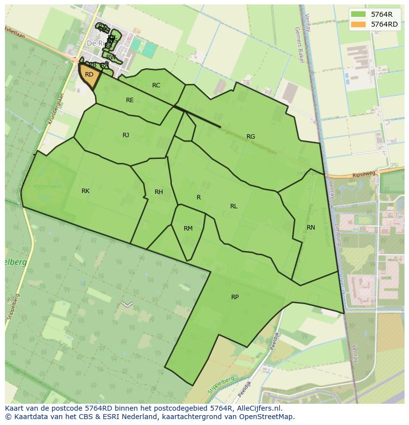 Afbeelding van het postcodegebied 5764 RD op de kaart.