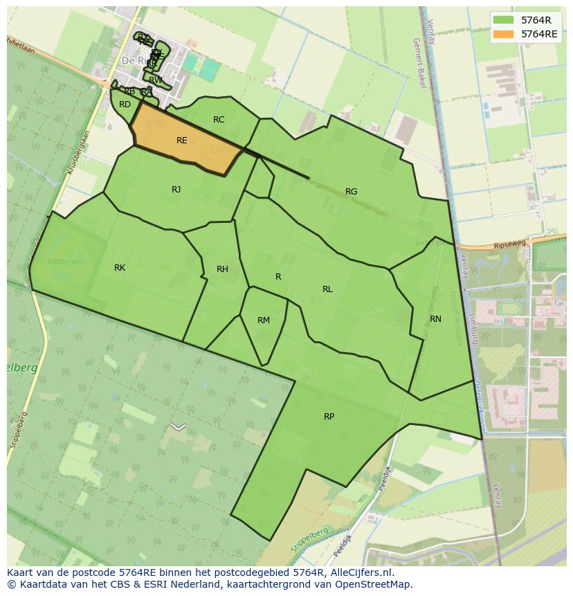 Afbeelding van het postcodegebied 5764 RE op de kaart.
