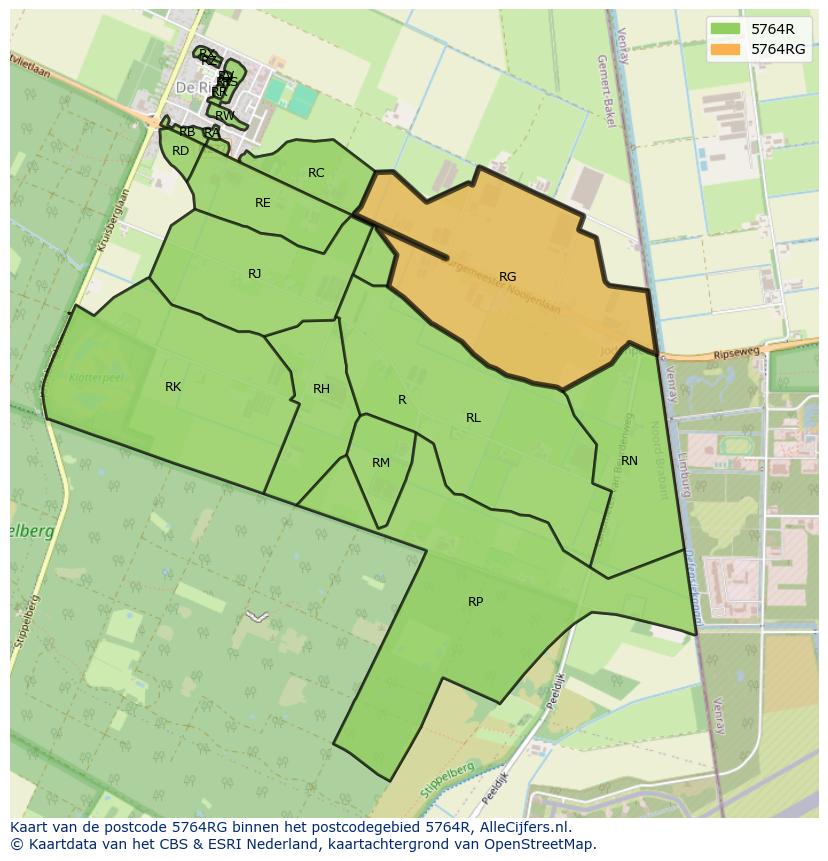 Afbeelding van het postcodegebied 5764 RG op de kaart.