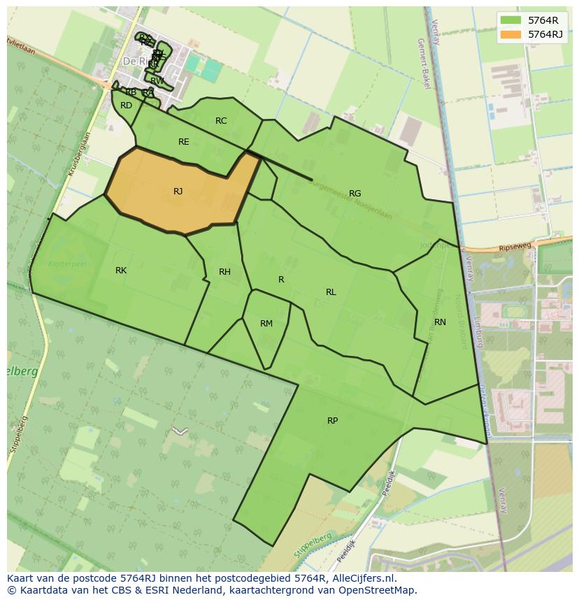 Afbeelding van het postcodegebied 5764 RJ op de kaart.