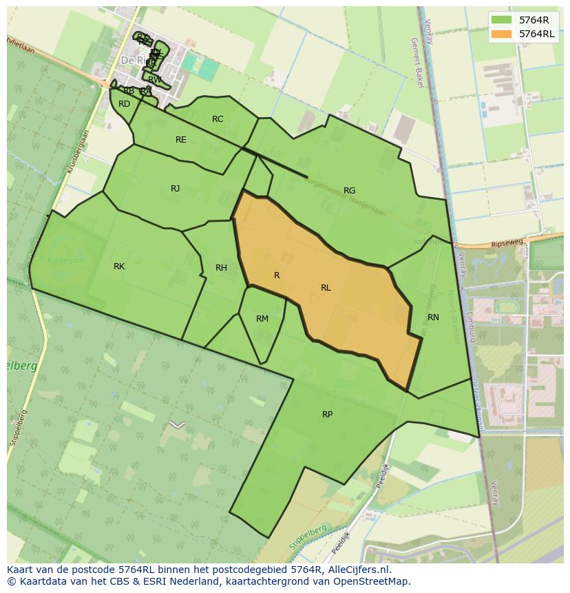 Afbeelding van het postcodegebied 5764 RL op de kaart.
