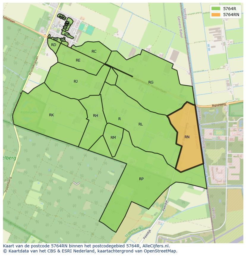 Afbeelding van het postcodegebied 5764 RN op de kaart.