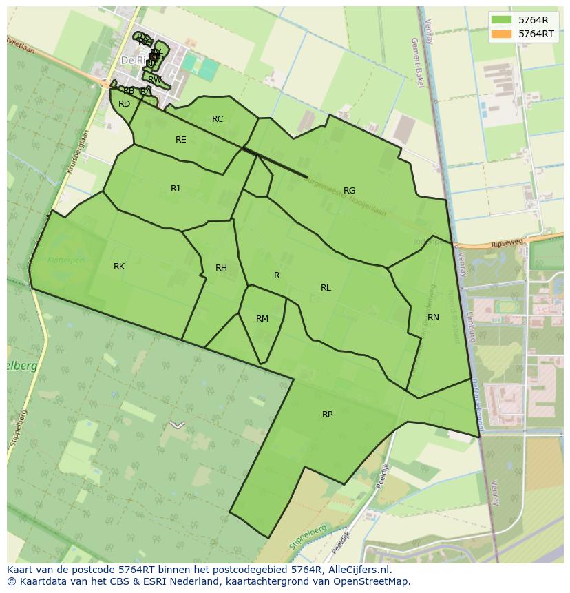 Afbeelding van het postcodegebied 5764 RT op de kaart.