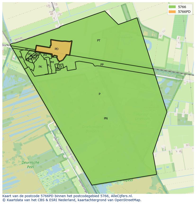 Afbeelding van het postcodegebied 5766 PD op de kaart.