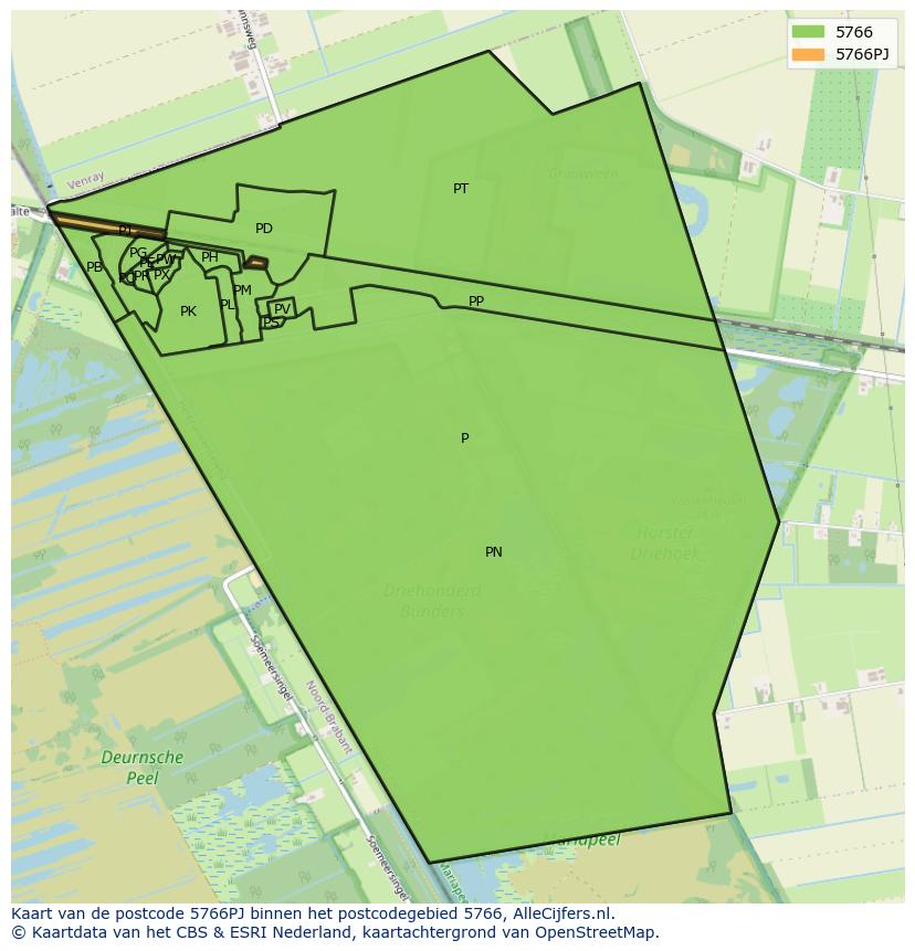 Afbeelding van het postcodegebied 5766 PJ op de kaart.