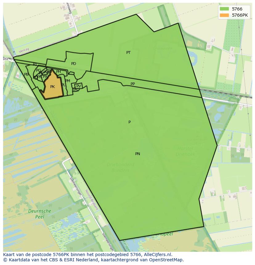 Afbeelding van het postcodegebied 5766 PK op de kaart.