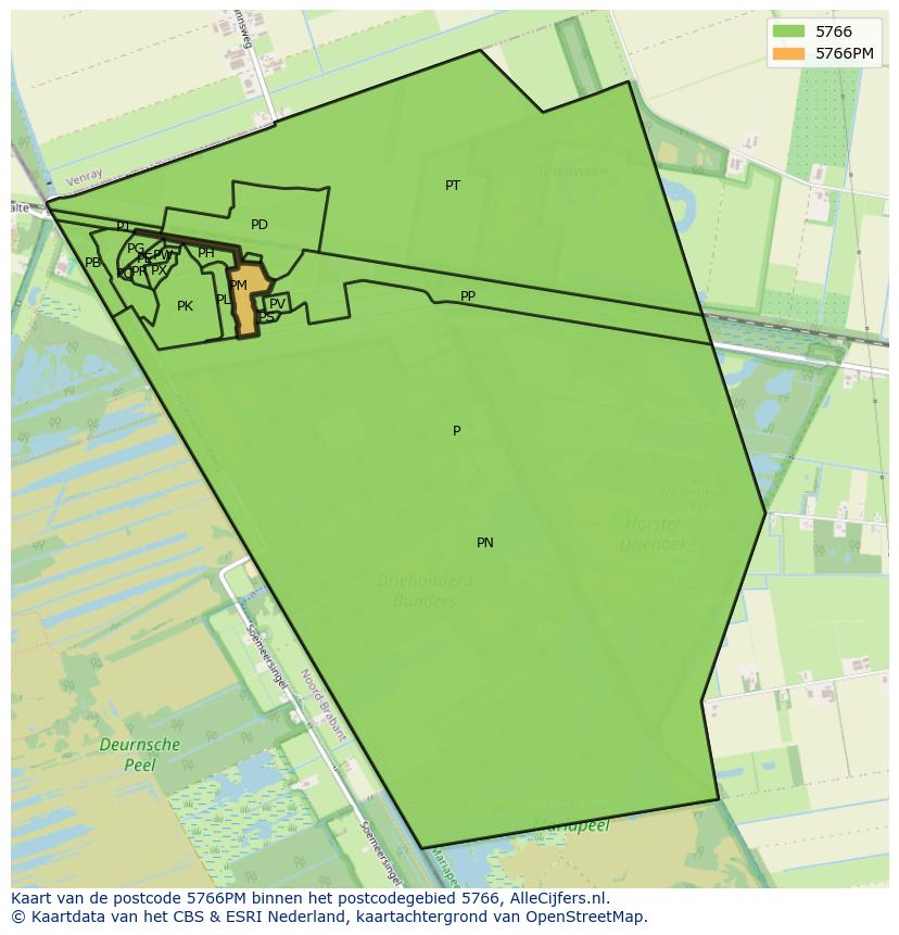 Afbeelding van het postcodegebied 5766 PM op de kaart.