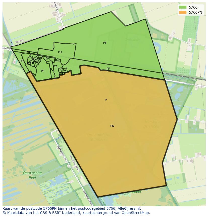 Afbeelding van het postcodegebied 5766 PN op de kaart.