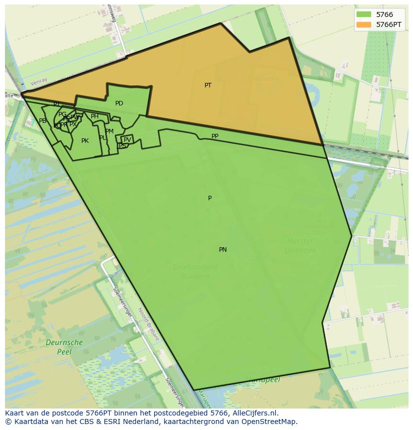 Afbeelding van het postcodegebied 5766 PT op de kaart.