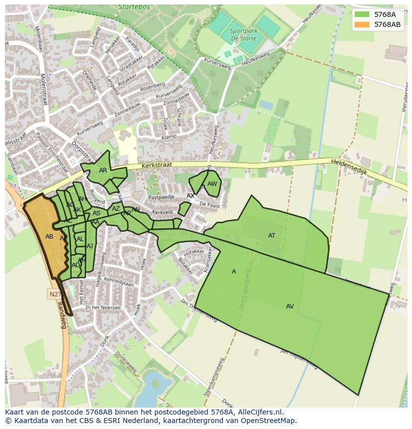 Afbeelding van het postcodegebied 5768 AB op de kaart.