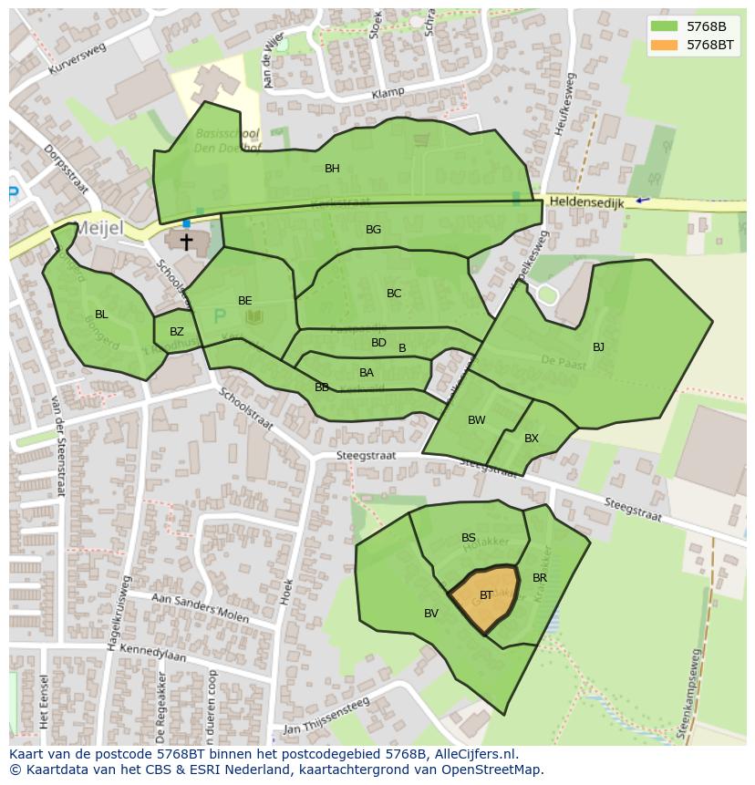 Afbeelding van het postcodegebied 5768 BT op de kaart.