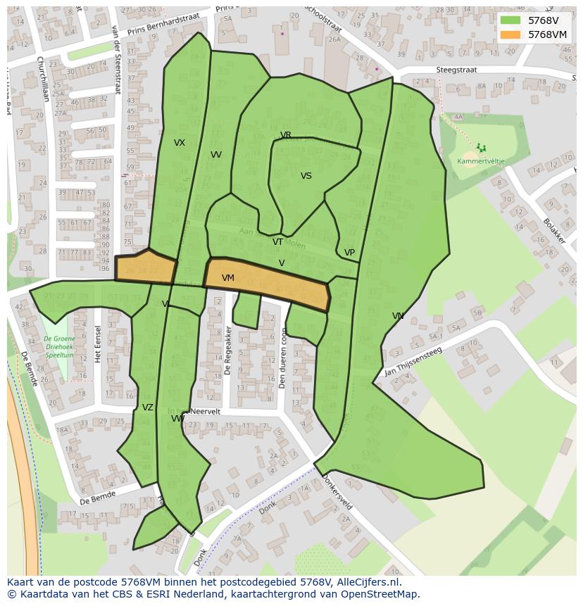 Afbeelding van het postcodegebied 5768 VM op de kaart.