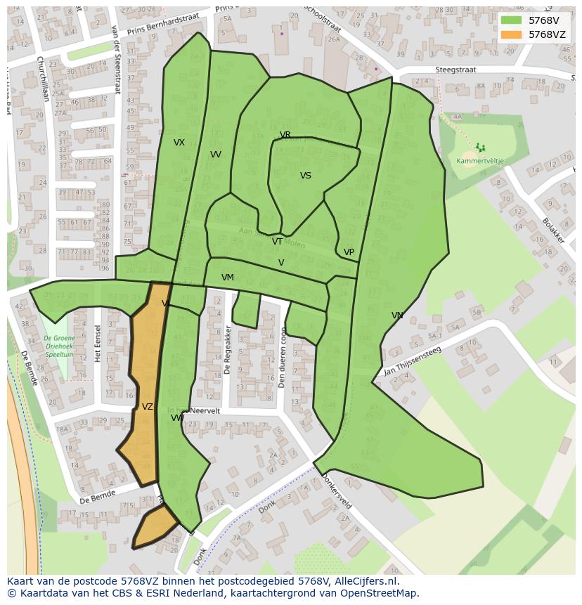 Afbeelding van het postcodegebied 5768 VZ op de kaart.