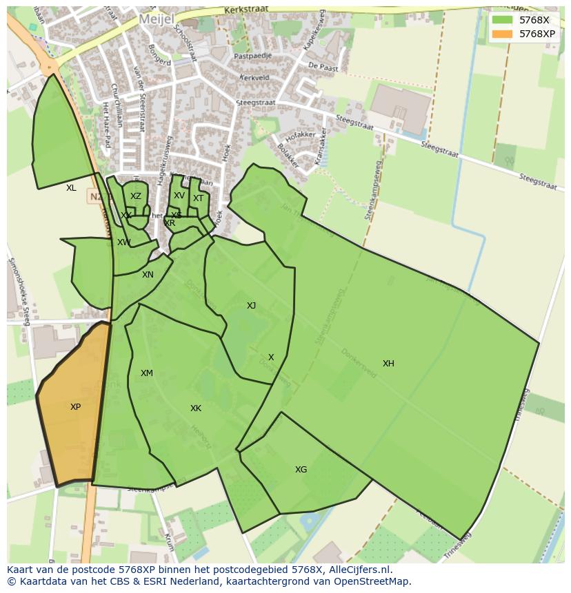 Afbeelding van het postcodegebied 5768 XP op de kaart.