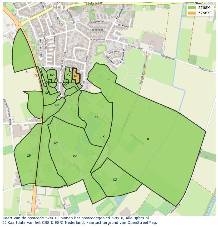 Afbeelding van het postcodegebied 5768 XT op de kaart.