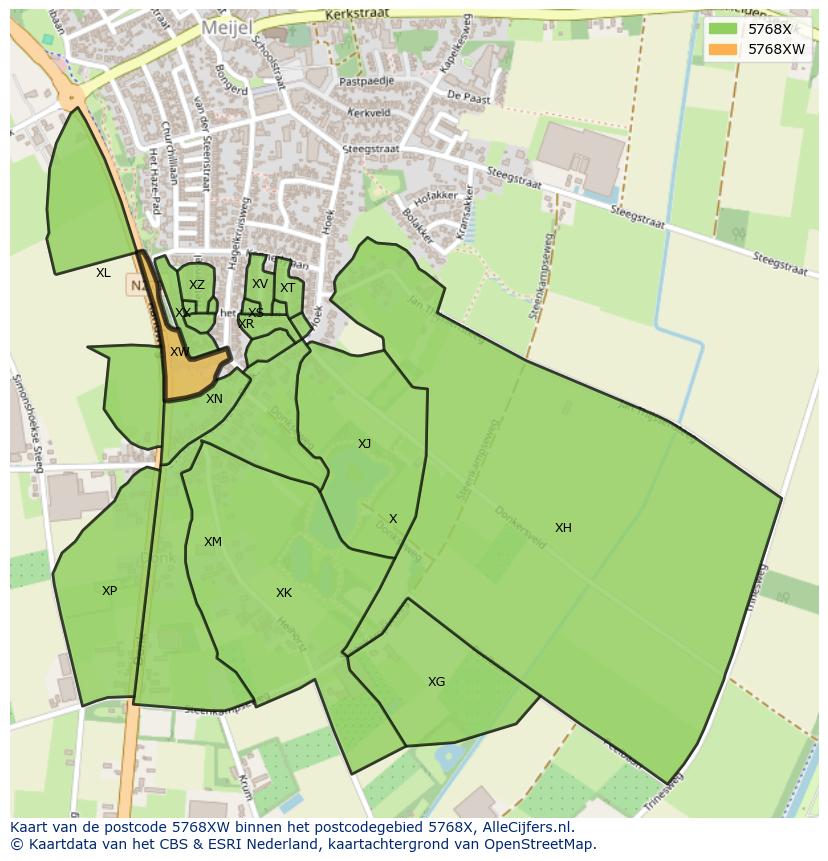Afbeelding van het postcodegebied 5768 XW op de kaart.