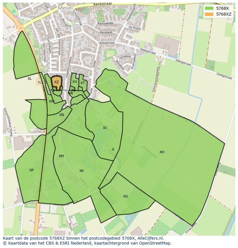 Afbeelding van het postcodegebied 5768 XZ op de kaart.