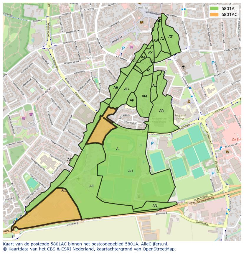 Afbeelding van het postcodegebied 5801 AC op de kaart.