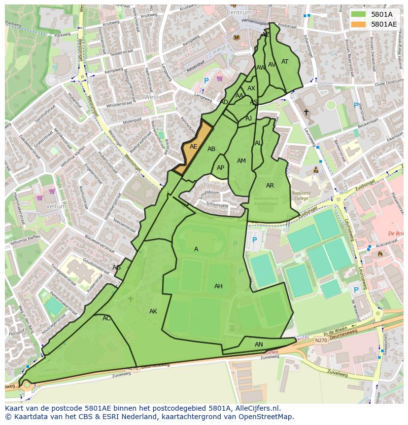 Afbeelding van het postcodegebied 5801 AE op de kaart.