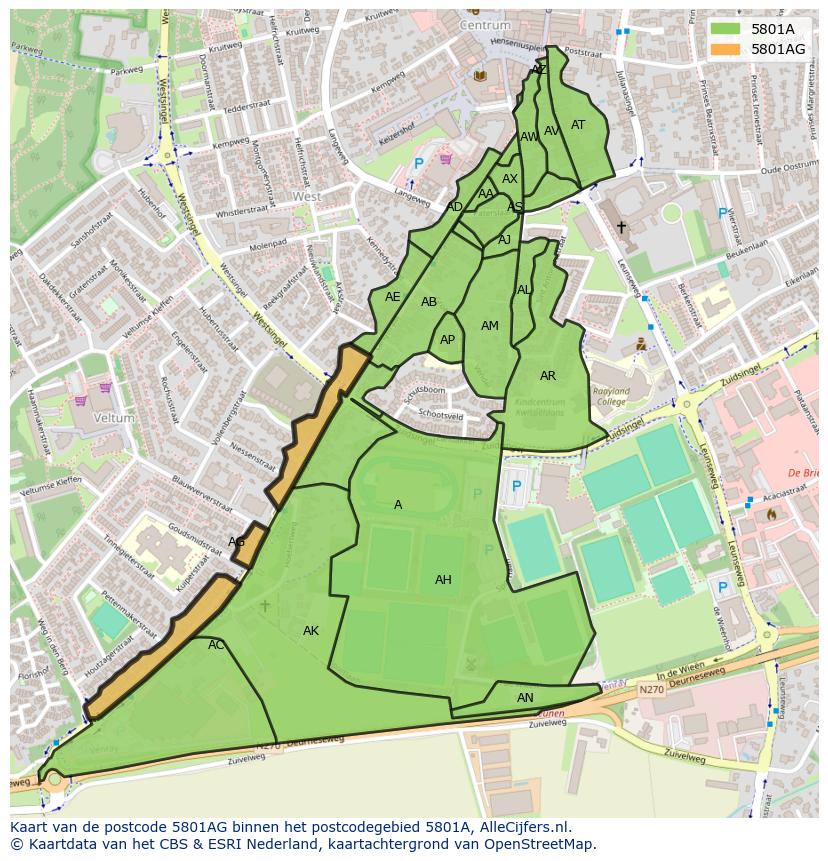 Afbeelding van het postcodegebied 5801 AG op de kaart.