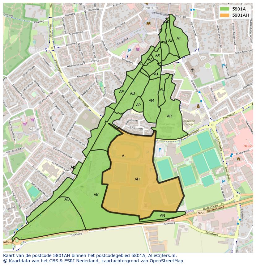 Afbeelding van het postcodegebied 5801 AH op de kaart.