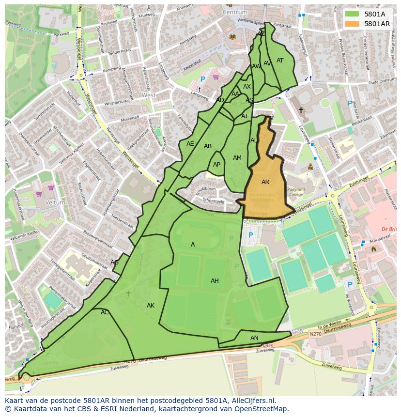 Afbeelding van het postcodegebied 5801 AR op de kaart.