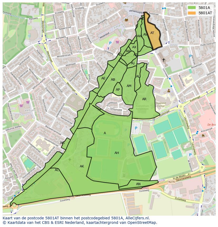 Afbeelding van het postcodegebied 5801 AT op de kaart.