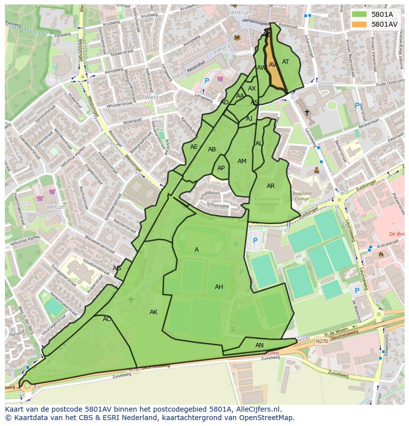 Afbeelding van het postcodegebied 5801 AV op de kaart.